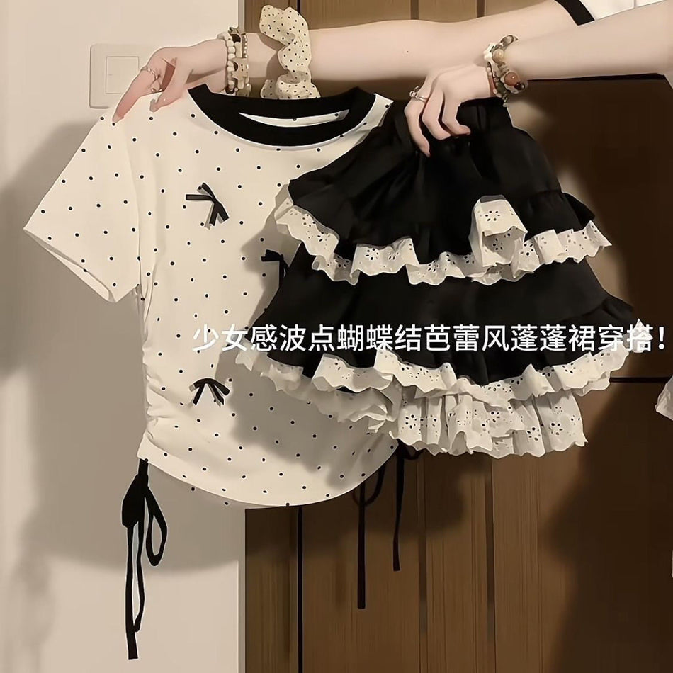 Girls Korean Polka Dot Bow Skirt Two Piece Outfit Set Casual