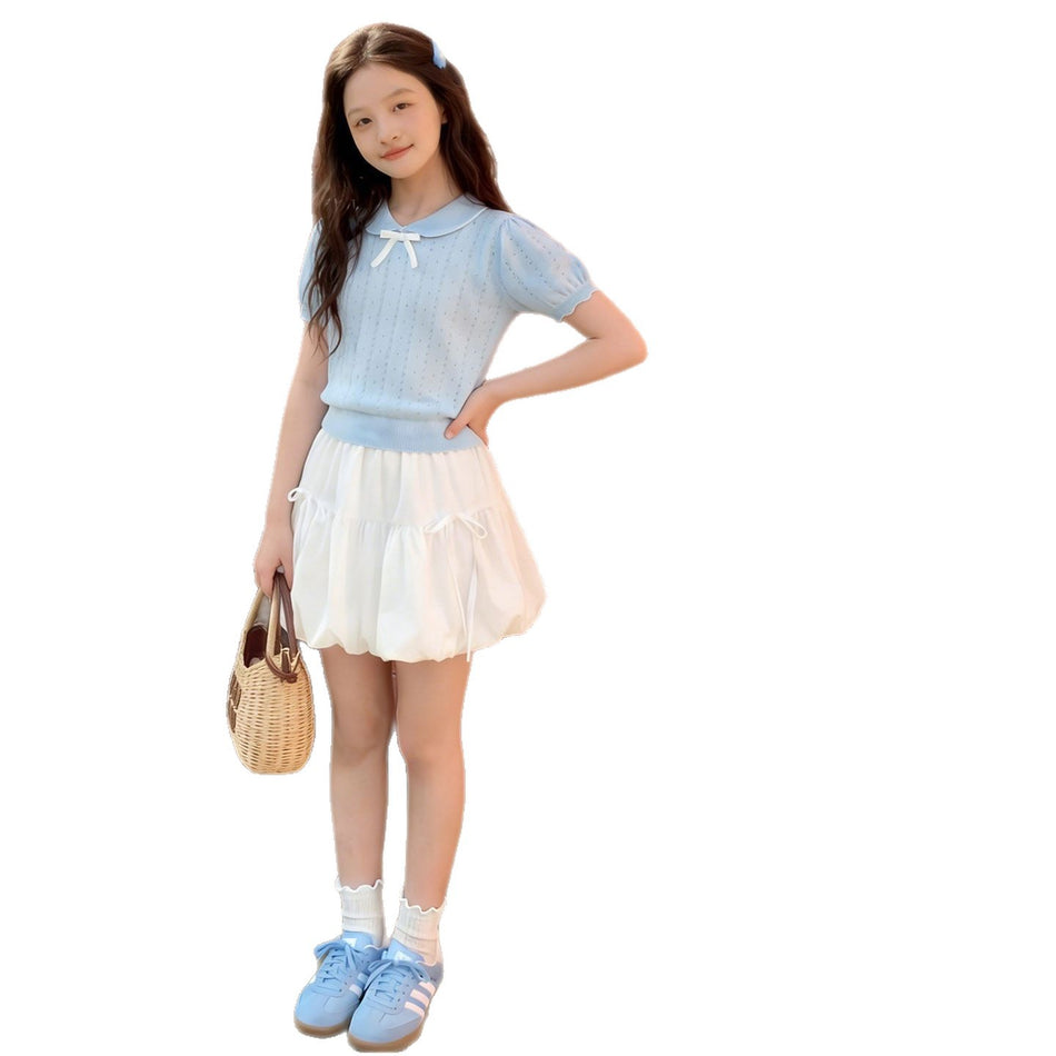 Girls Summer Korean Lace Lapel Skirt Two Piece Set