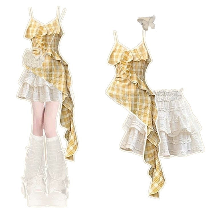 Girls Plaid Suspender Bow Two Piece Set Summer Outfit