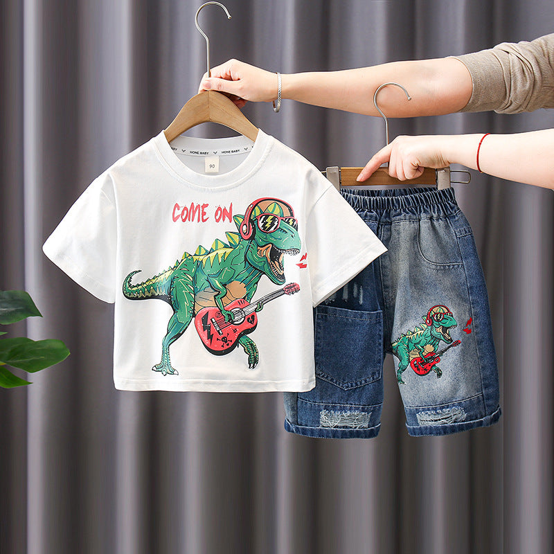 Boys Dinosaur Print T-Shirt and Denim Shorts Summer Outfit