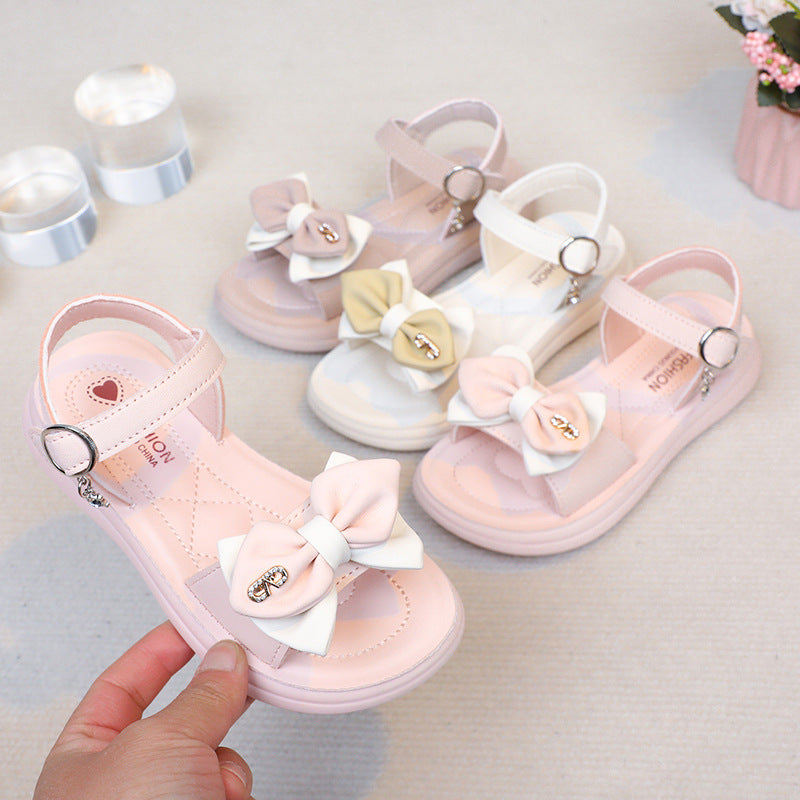 Girls Bow Rhinestone Soft Sole Sandals Summer Beach Shoes