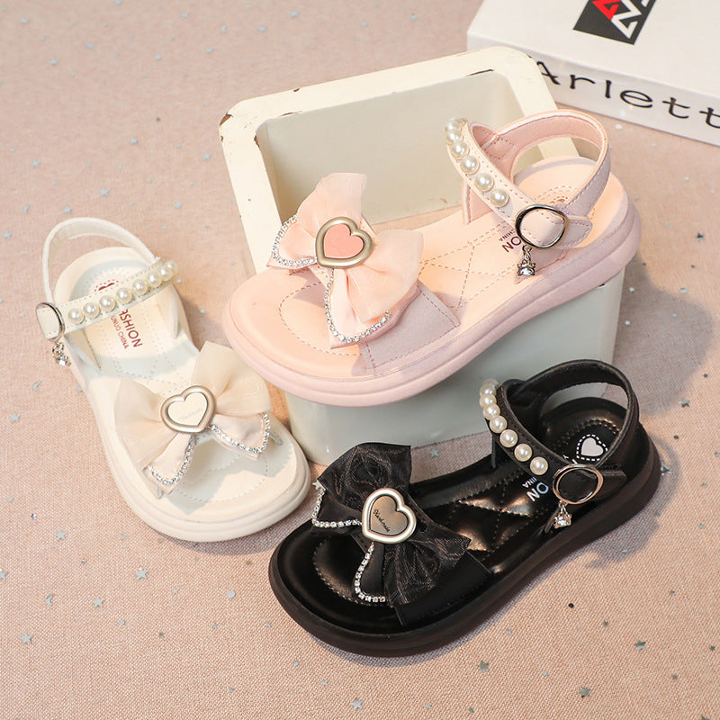 Girls Pearl Bow Princess Sandals Soft Sole Beach Shoes