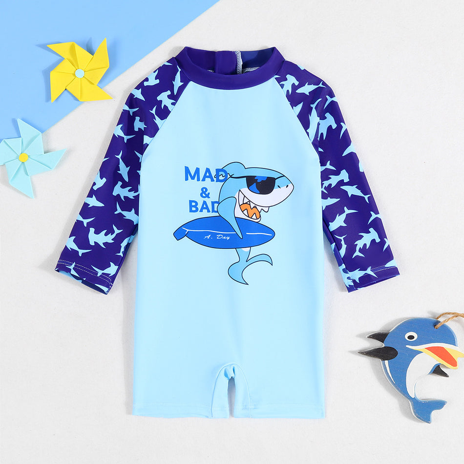 Boys Cartoon Shark Long Sleeve Swimsuit Set