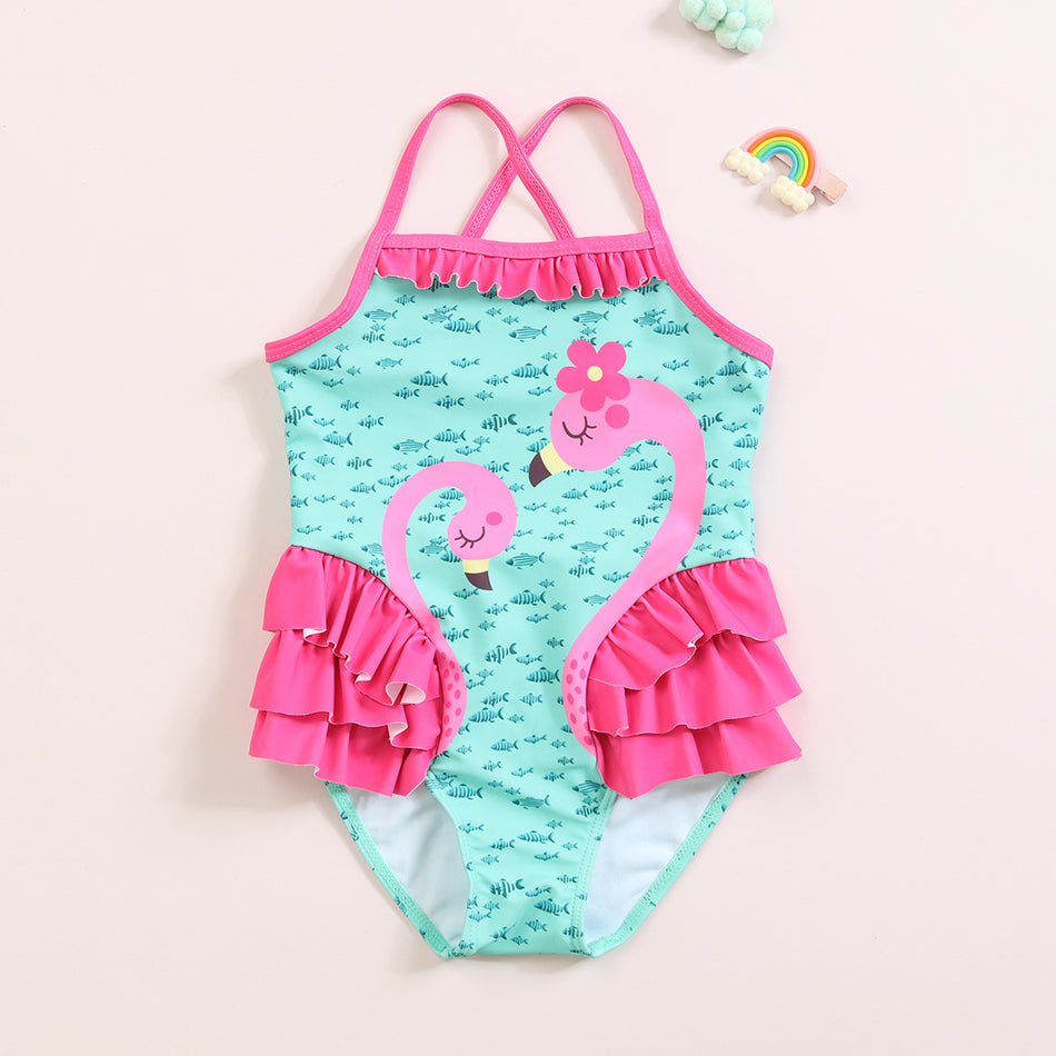 Girls Ruffled Flamingo One Piece Swimsuit