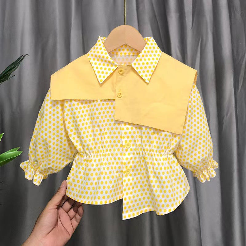 Girls Cotton Polka Dot Doll Collar Long Sleeve Shirt