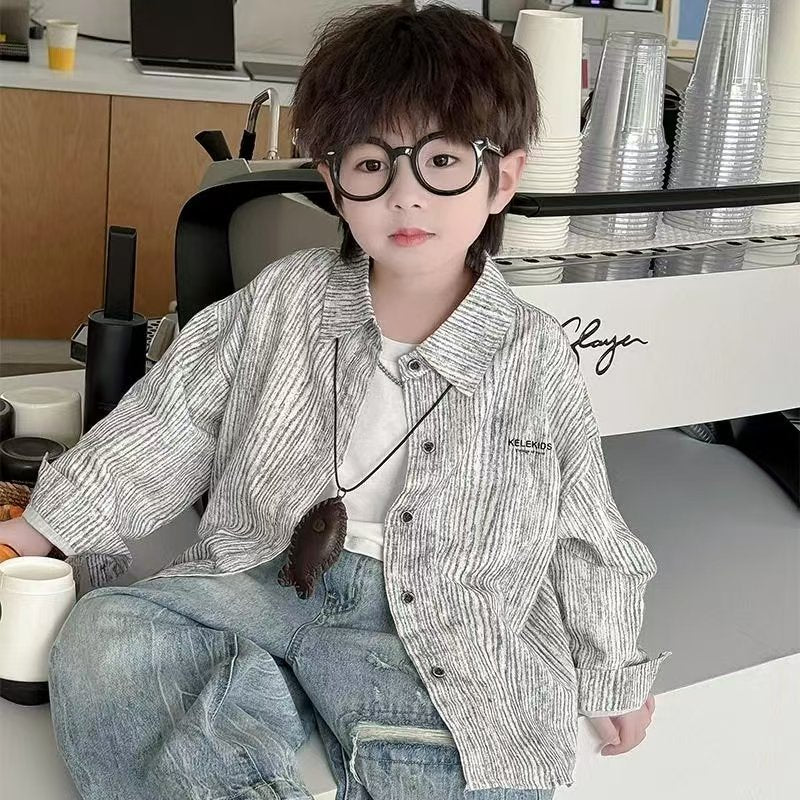 Boys Striped Polo Collar Long Sleeve Casual Shirt