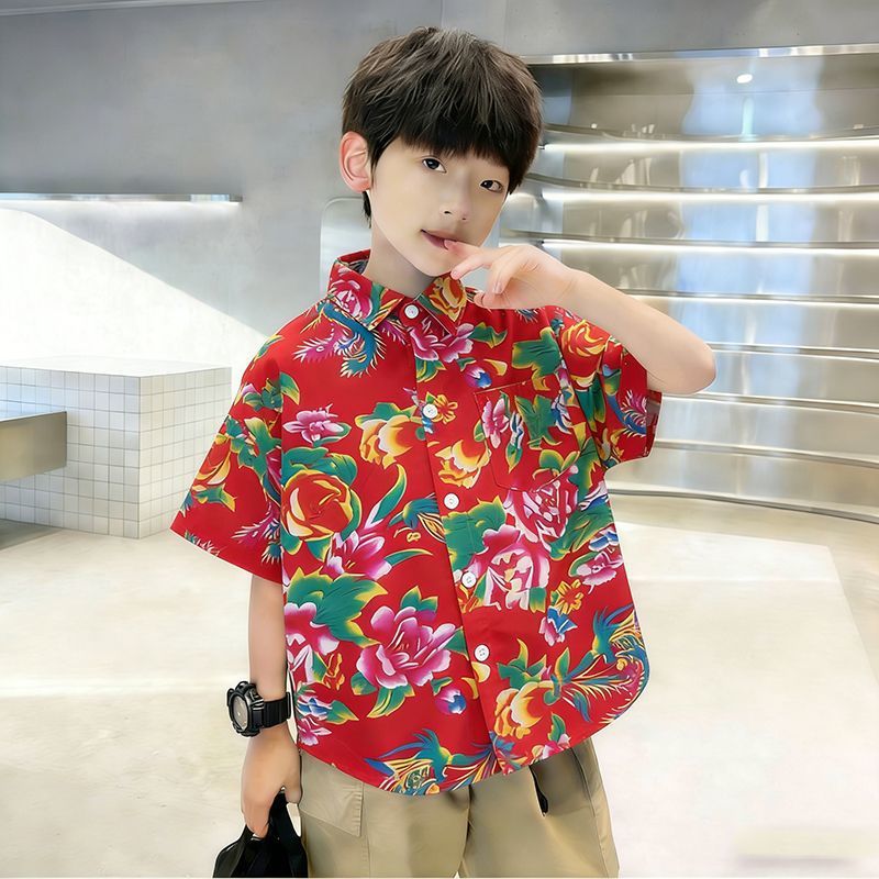 Boys Chinese Style Floral Short Sleeve Summer Shirt