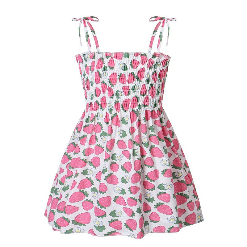 Girls Cotton Cartoon Print Strap Princess Dress