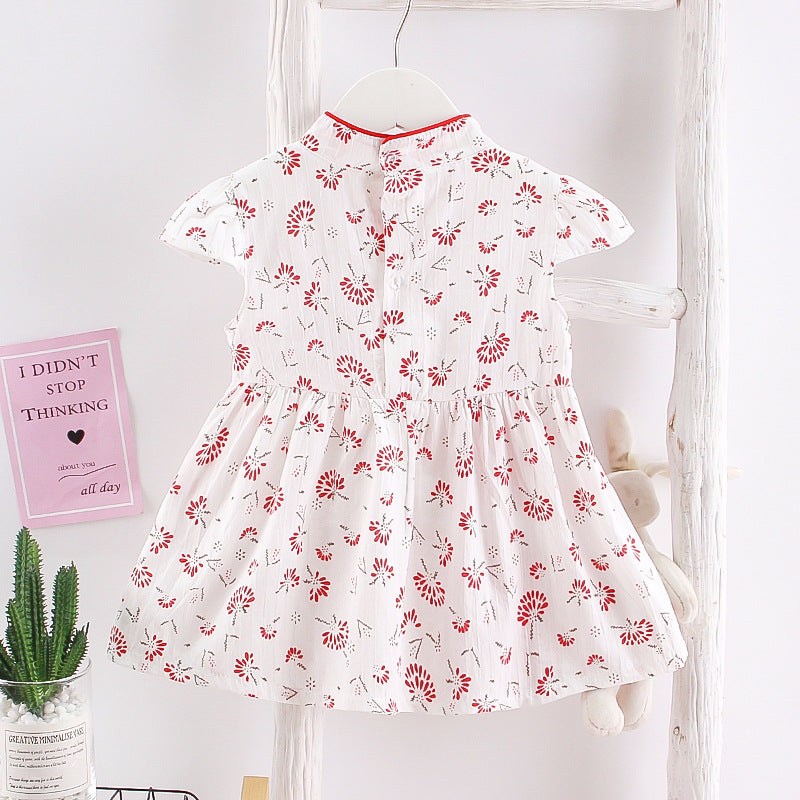 Girls Floral Cheongsam Style Short Sleeve A-Line Dress