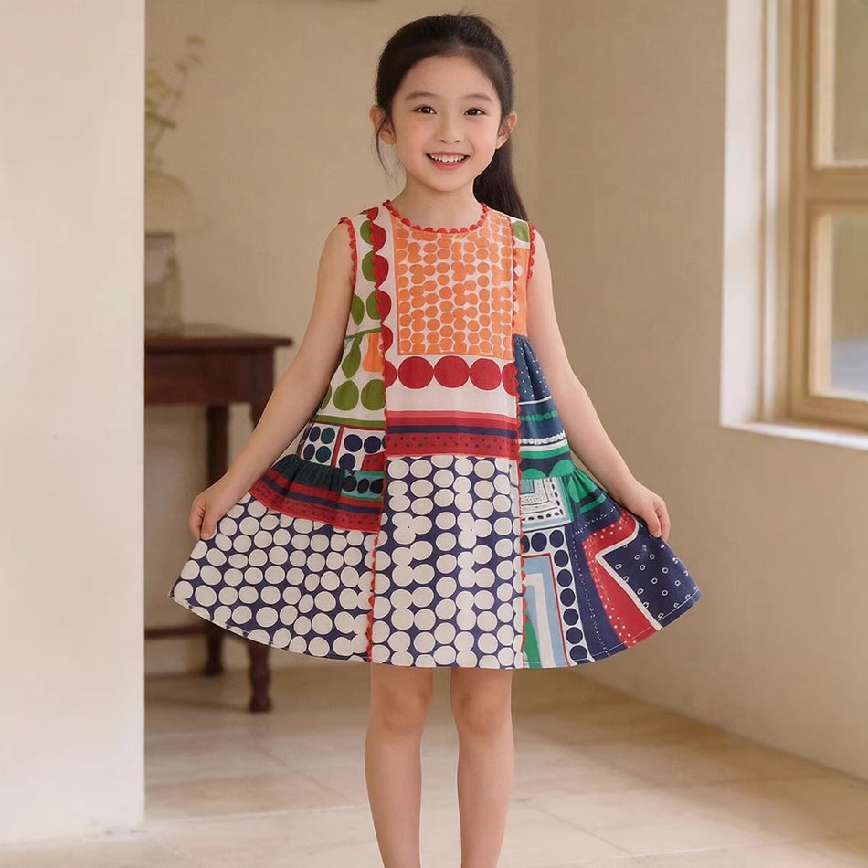 Girls Retro Contrast Panel Sleeveless Dress Set