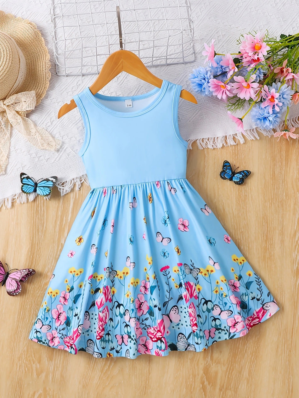 Girls Butterfly Floral Print Sleeveless Summer Dress