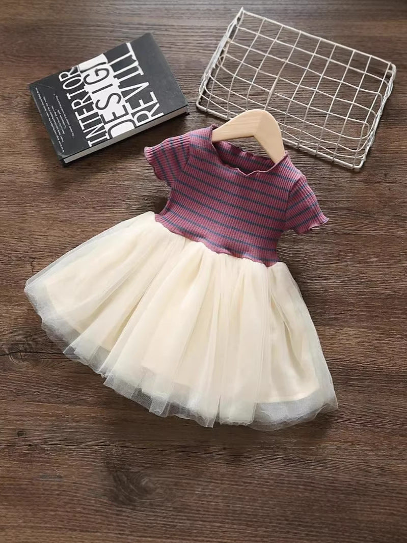 Girls Striped Mesh Panel Short Sleeve Princess Dress
