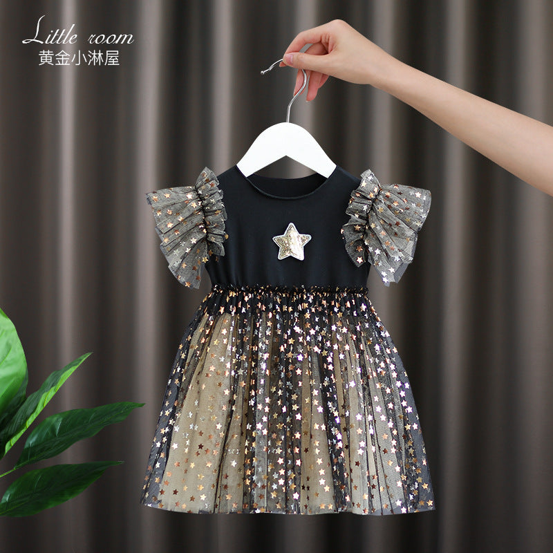 Girls Korean Style Sequin Mesh Puff Princess Dress