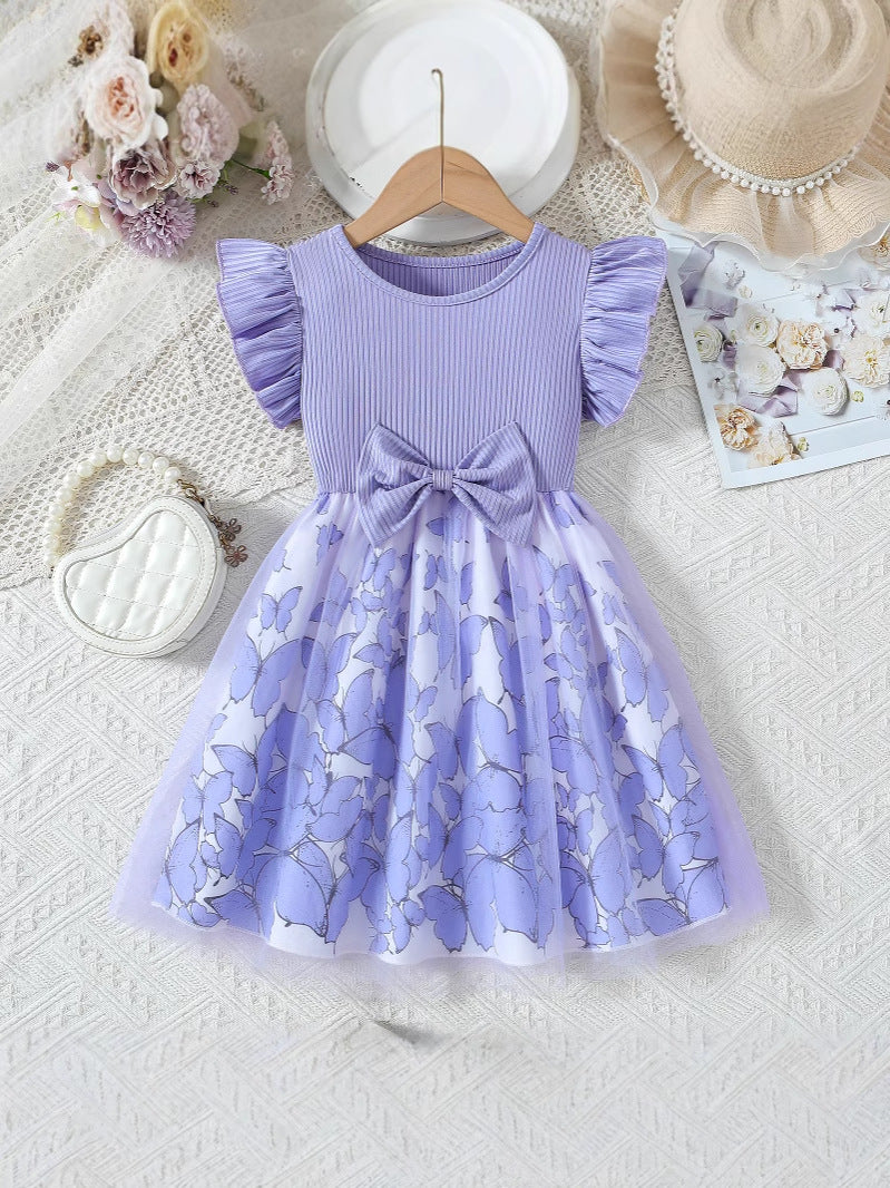 Girls Faux Two-Piece Bow Print Flutter Sleeve Dress
