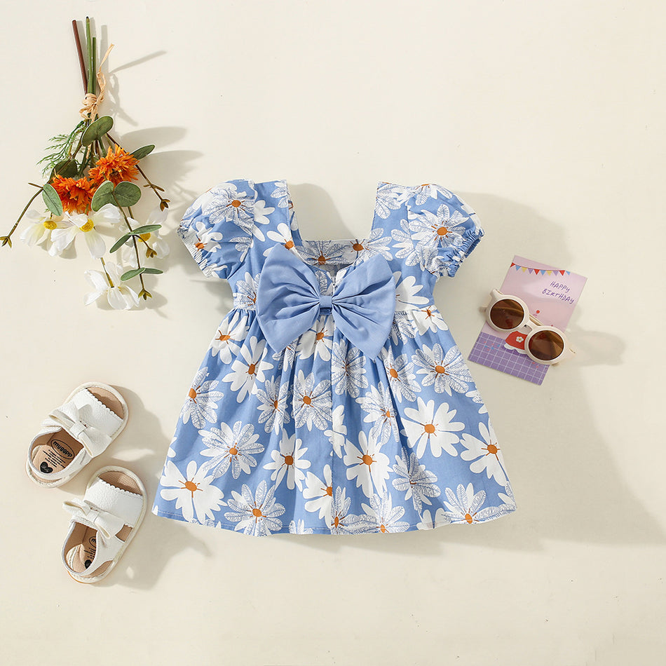 Girls Daisy Print Puff Sleeve Bow Princess Dress