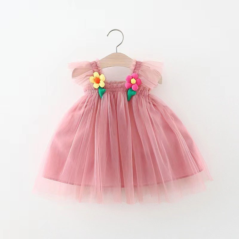 Girls Sunflower Mesh Princess Dress with Tulle Skirt