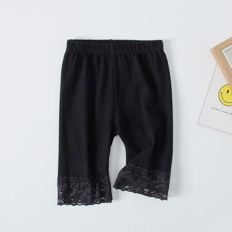 Girls Lace Trim Cotton Capri Leggings Kids Mid-Length Pants