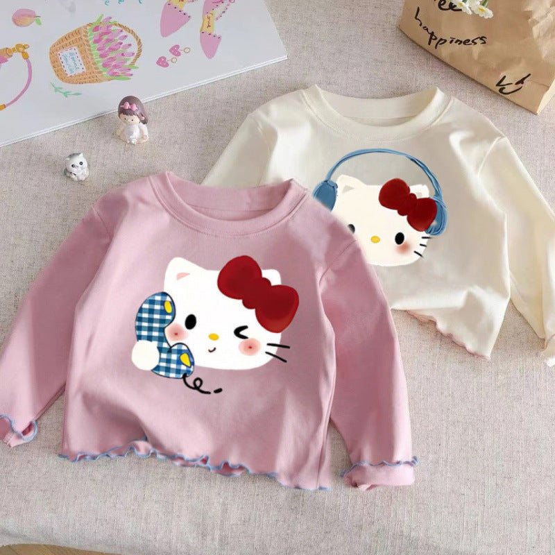 Girls Cotton Long Sleeve Cartoon T-Shirt Ruffle Neck Top