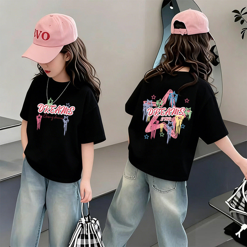 Girls Cartoon Print Cotton T-Shirt Breathable Summer Tee