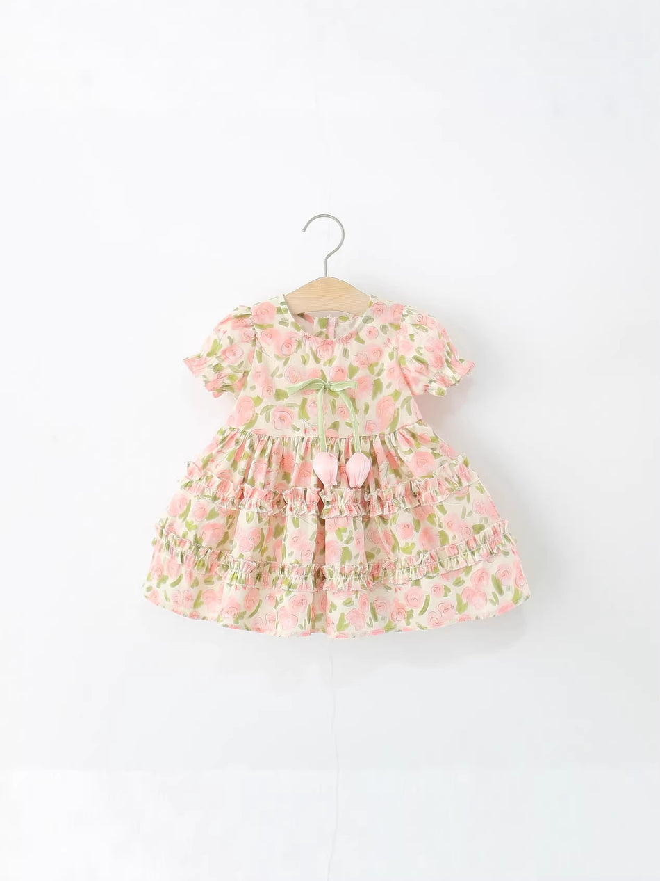 Girls Floral Tulip Cotton Short Sleeve Princess Dress