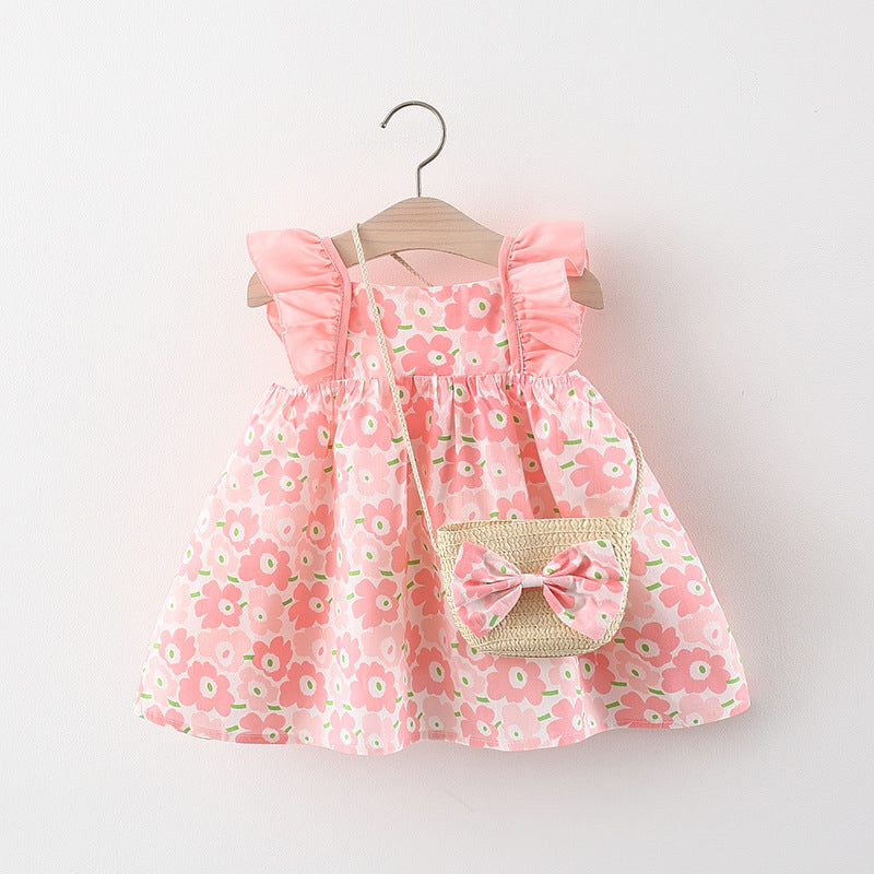 Girls Flying Sleeve Princess Dress with Shoulder Bag
