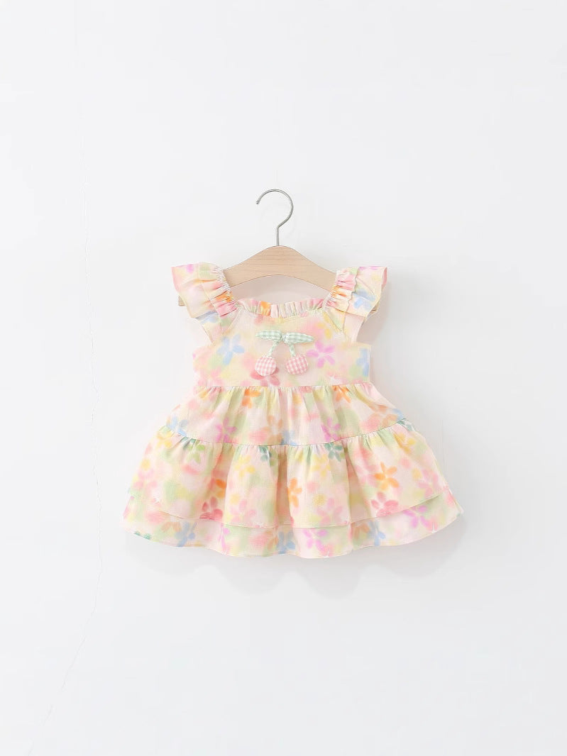 Girls Floral Cotton Flying Sleeve Princess Dress