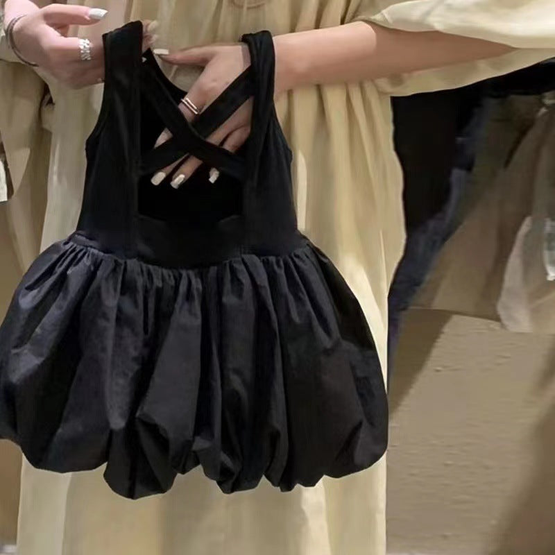 Girls Black Backless Sleeveless Flower Bud Dress