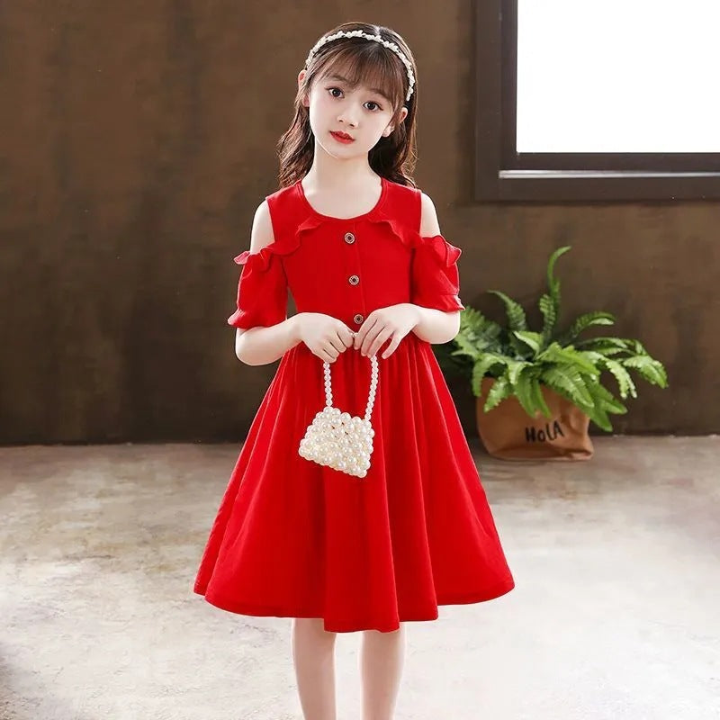 Girls Off Shoulder Princess Summer Mid-Length Dress