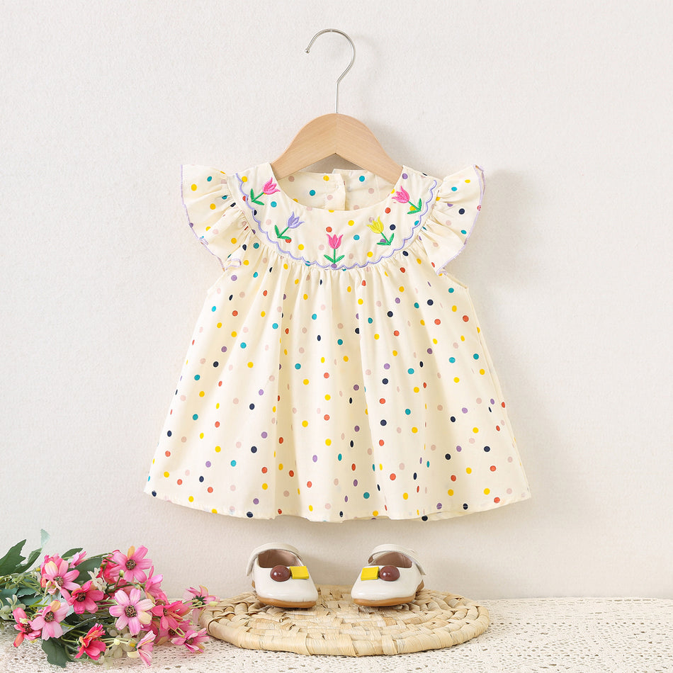 Girls Polka Dot Embroidered Collar Princess Dress