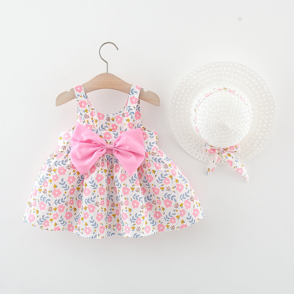 Girls Cotton Princess Dress with Bow and Matching Hat
