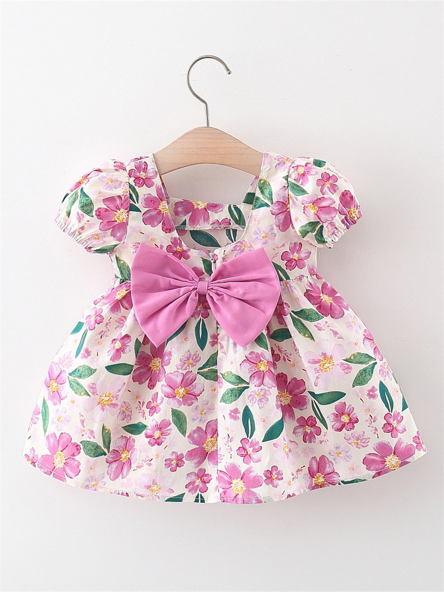 Girls Floral Bow Puff Sleeve Cotton Summer Dress