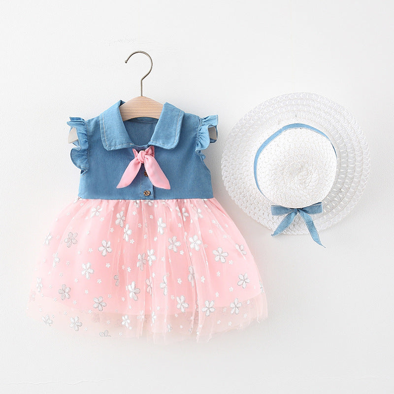 : Girls Floral Mesh Denim Sleeveless Dress with Hat