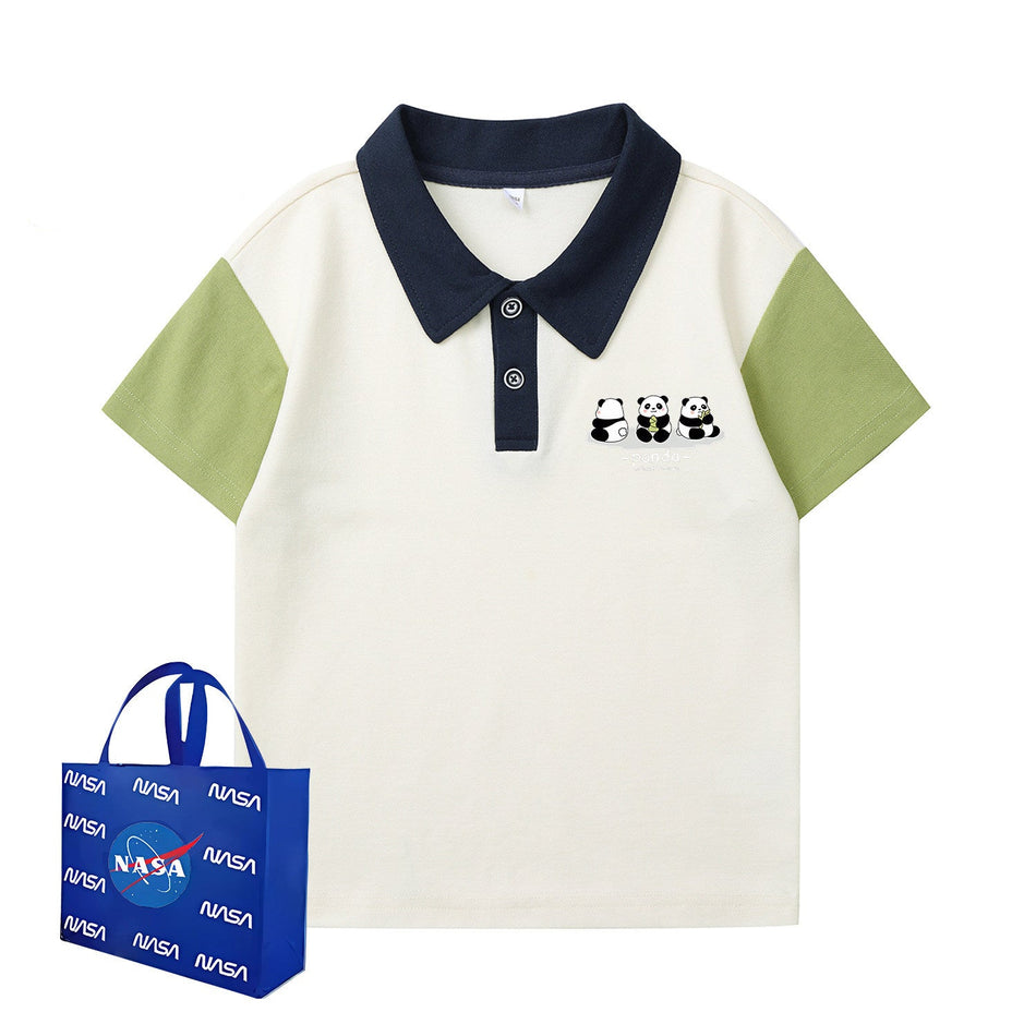 Boys Panda Print Polo Collar Short Sleeve T-Shirt
