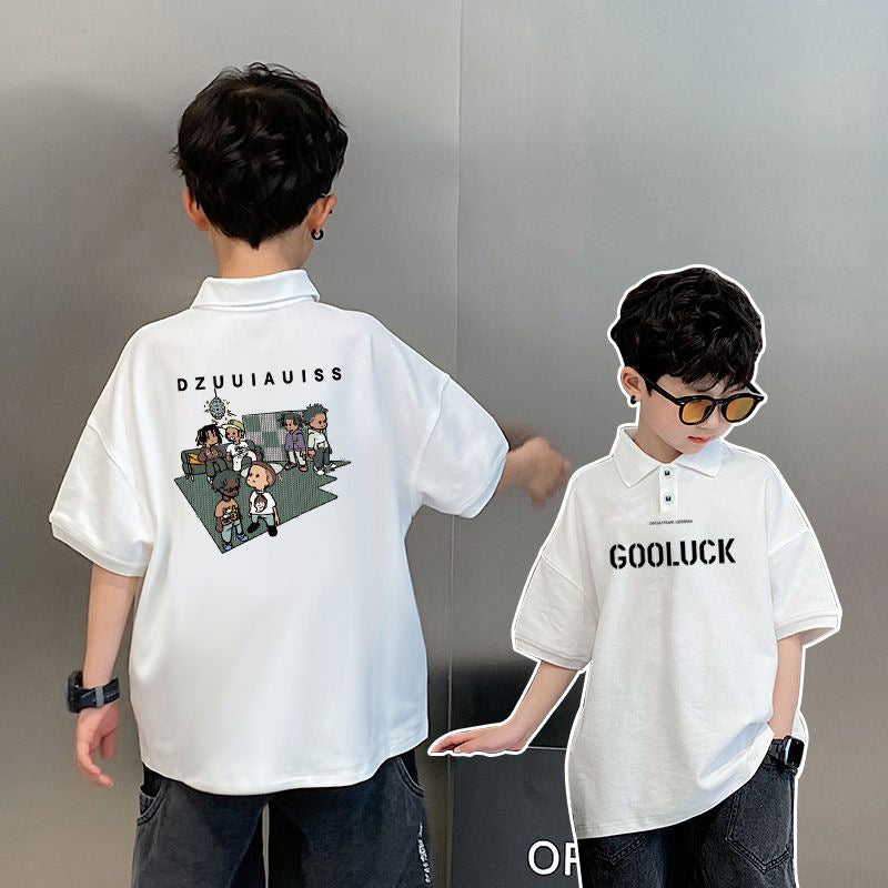 Boys Cartoon Print Polo Collar Short Sleeve T-Shirt