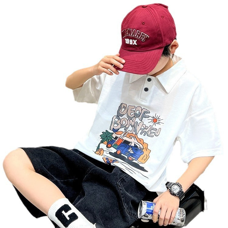 Boys Monster Print Polo Collar Casual T-Shirt