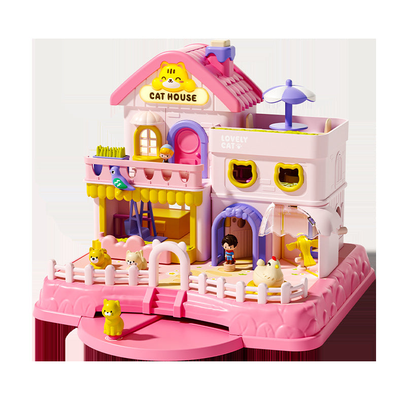 Cat-Themed Magnetic Villa Dollhouse Pretend Play Set