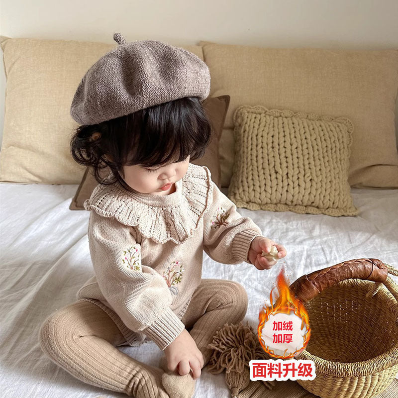 Baby Girls Knitted Embroidered Romper with Ruffle Collar