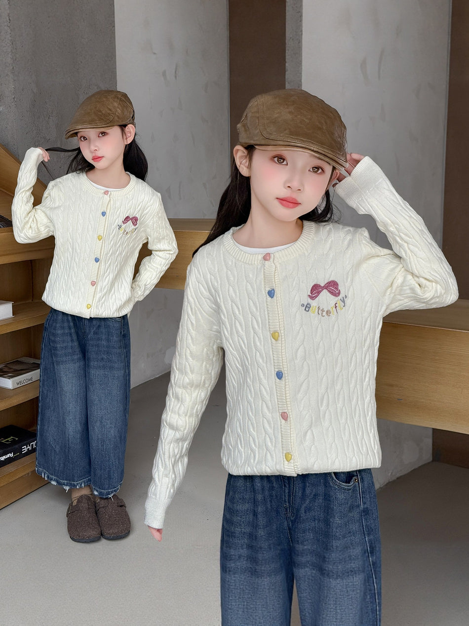 Girls Embroidered Bow Knitted Cardigan Sweater