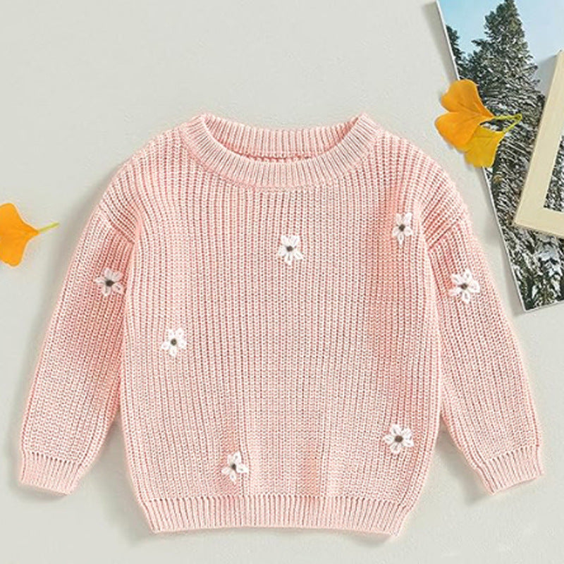 Girls Floral Knit Cotton Round Neck Pullover Sweater