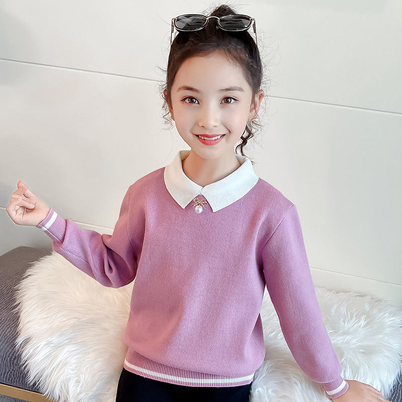 Girls Pearl Square Neck Knitted Sweater with Long Sleeves