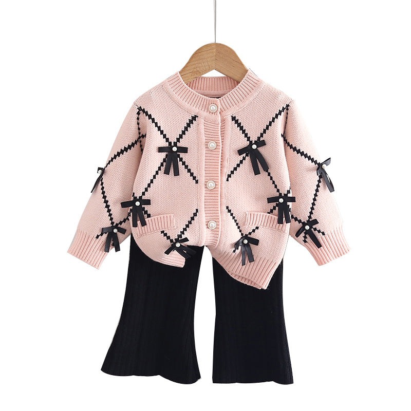 Girls Bow Knit Sweater and Flared Pants Two-Piece Set