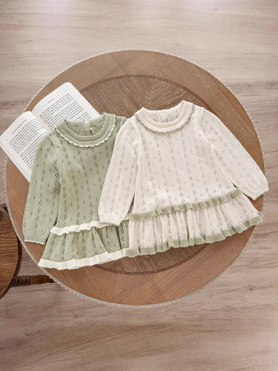 Girls Cotton Hollow Knit Long Sleeve Pullover Dress