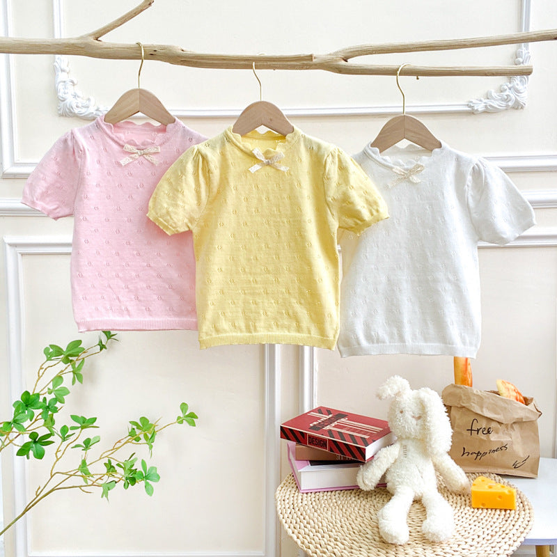 Girls Cotton Bow Hollow Short Sleeve T-Shirt