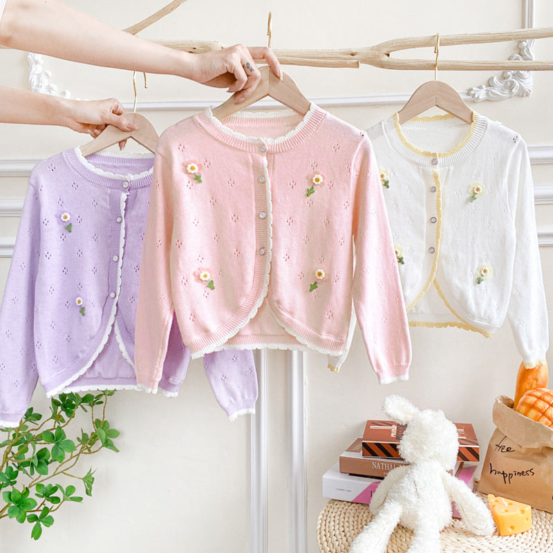 Girls Pure Cotton Hollow Knit Lightweight Cardigan Sweater