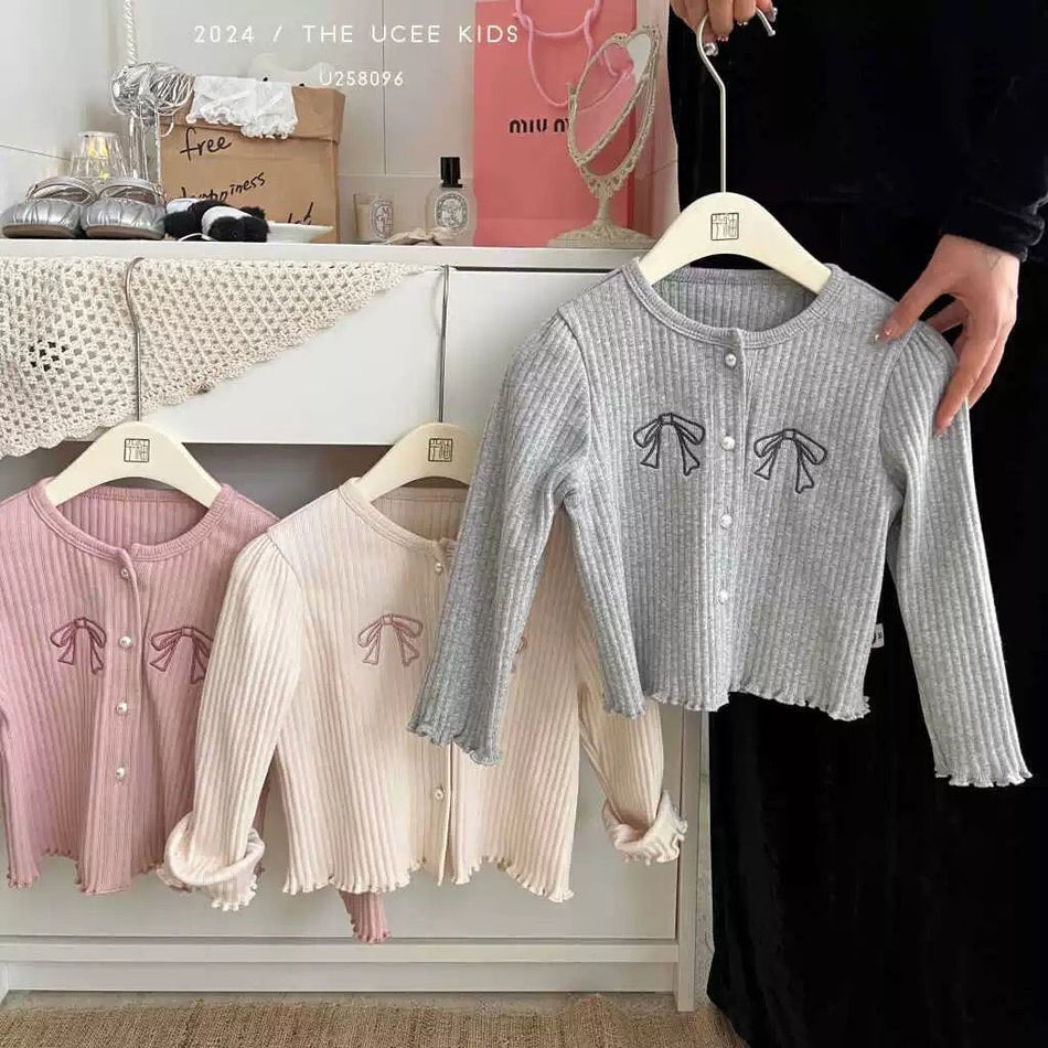 Girls Bow Long Sleeve Cardigan Lightweight Knit Jacket