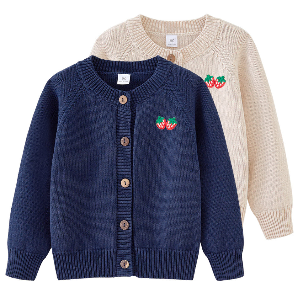 Girls Strawberry Cotton Knit Cardigan Long Sleeve Sweater