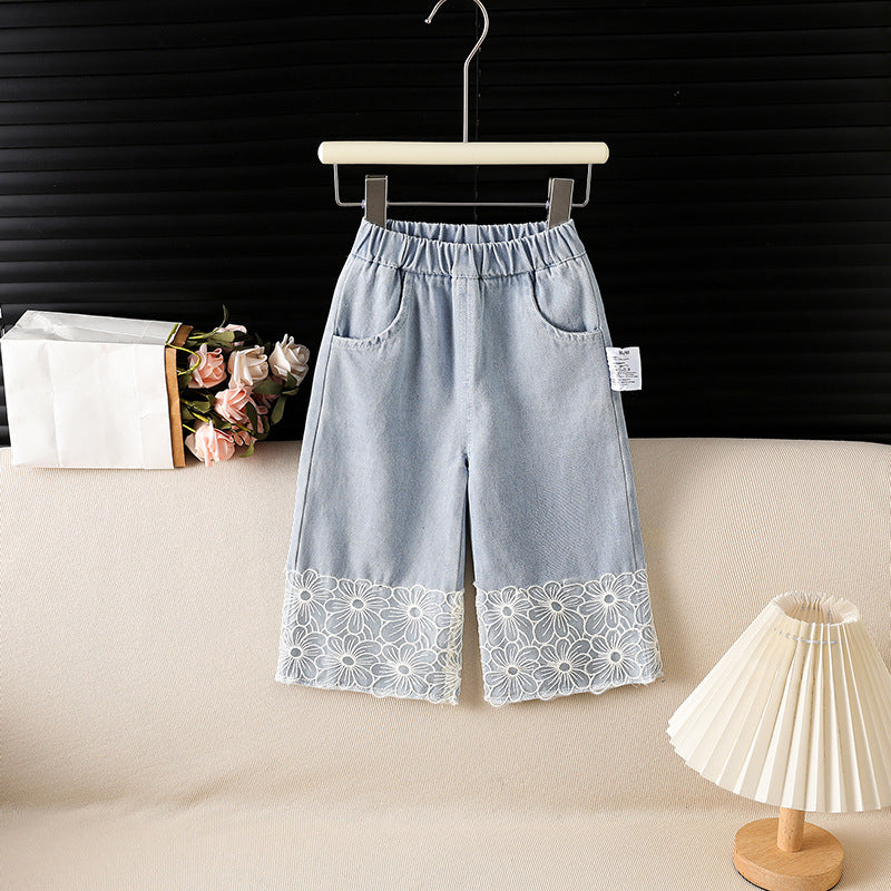 Girls Floral Lace Trim Denim Wide Leg Pants