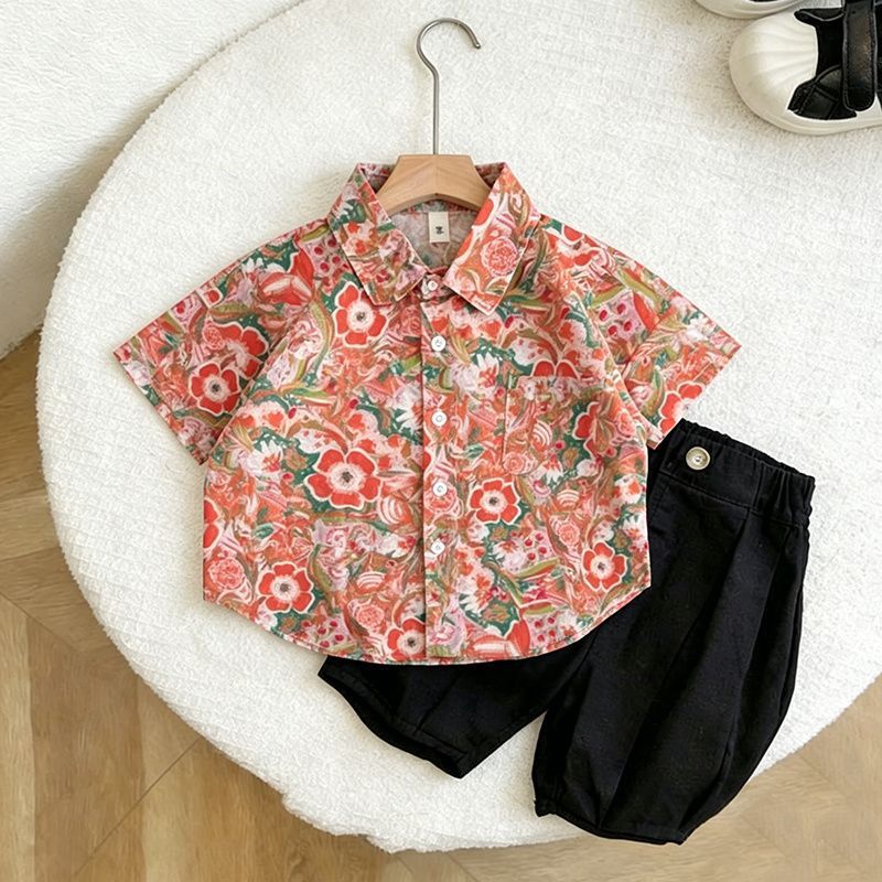 Boys Floral Cotton Short Sleeve Shirt for Summer