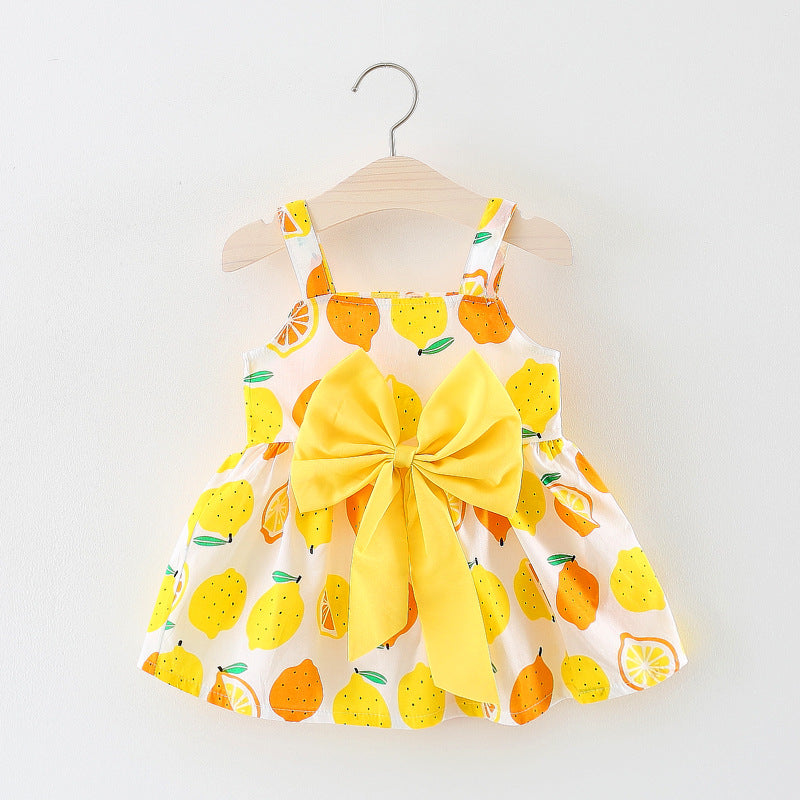 Girls Bow Sleeveless Princess Dress Lemon Print