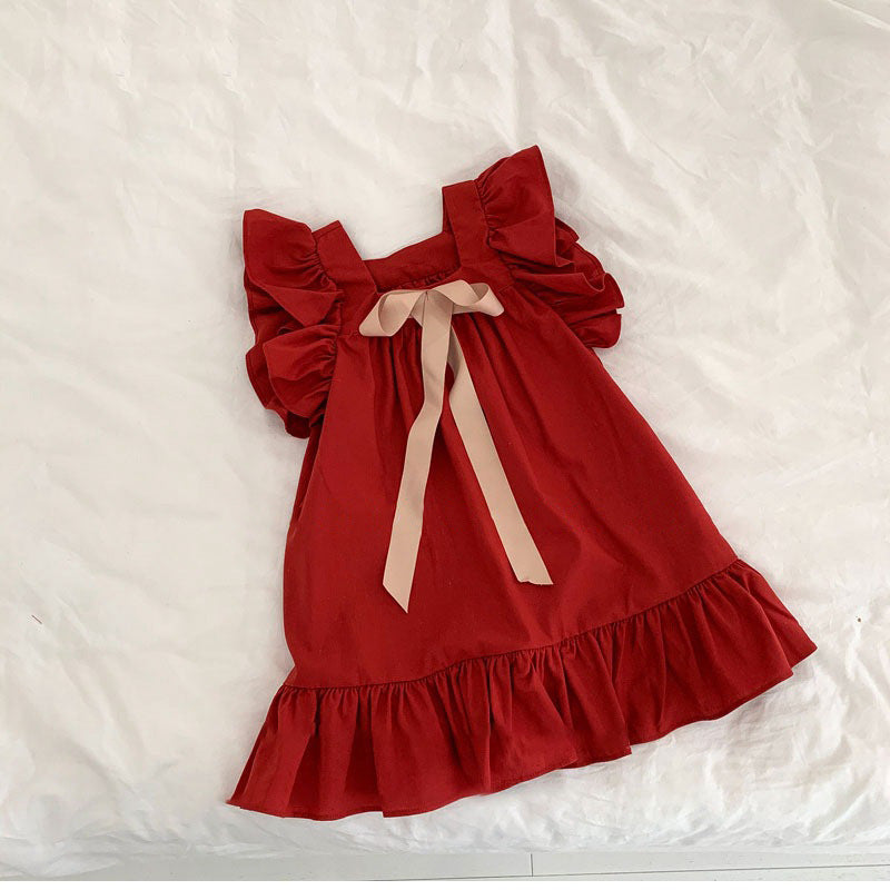 Girls Red Puff Sleeve Princess Summer Dress